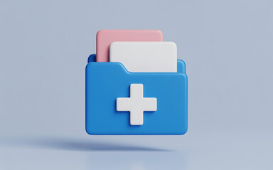 Clean 3D Blue Folder Icon with a Plus Sign and Documents, Representing File Creation, Data Organization, and Efficient Digital Record Keeping