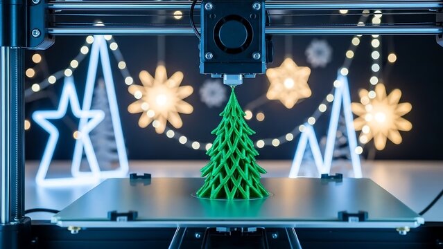 Green Christmas tree on 3D printer.
