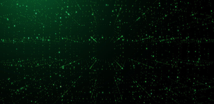 Futuristic green digital matrix space with binary code streams and glowing horizon line, symbolizing data transfer, cybersecurity, virtual networks, artificial intelligence vector background 