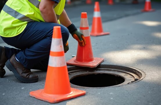 Utility worker near open sewer. Road repair concept. Manhole cover lifted. Orange traffic cones surround hatch. Safety concept. Worker checks condition of sewage system. Maintenance work underway on