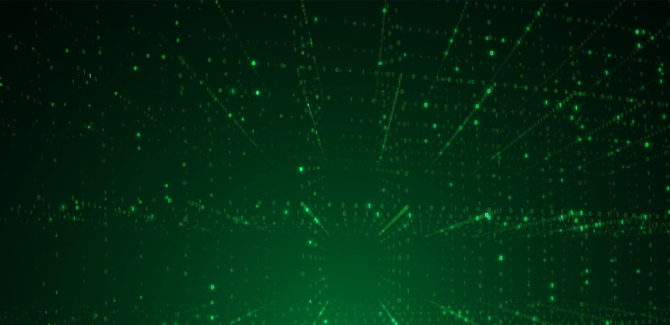 Futuristic green digital matrix space with binary code streams and glowing horizon line, symbolizing data transfer, cybersecurity, virtual networks, artificial intelligence vector background 