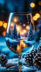 A glass fantasy with a winter landscape and fireworks inside on a snowy background