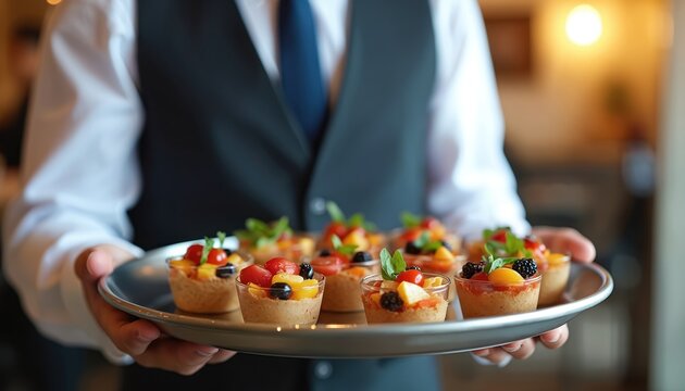 Waiter in uniform holds silver tray with small dessert cups. Appetizers topped with fruit berries and mint leaves are ready to serve at a formal event.