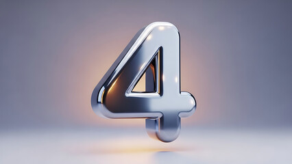 Shiny chrome number 4 floating in space with soft lighting and subtle lens flare effects, abstract digital art presentation