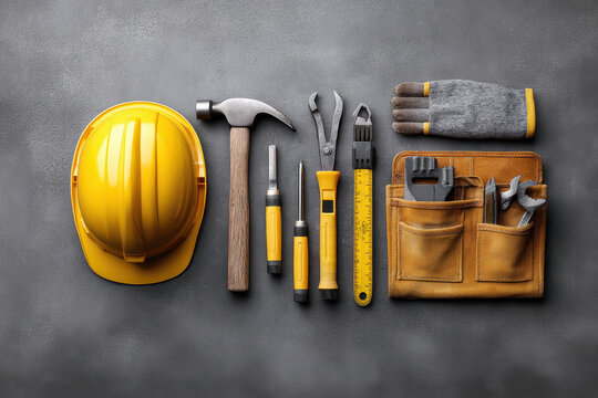 Construction tools and safety gear including yellow helmet, hammer, screwdrivers, pliers, measuring tape, gloves, and leather tool pouch neatly - Powered by Adobe