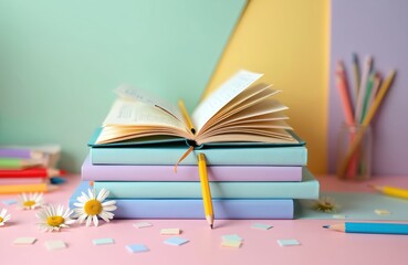 Stack of books with open textbook and pencils. School stationery lies on table with paper background. Concept of education, science, research, reading, back to school. Flowers are near books.