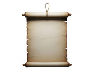 Ancient scroll with worn parchment isolated on transparent background