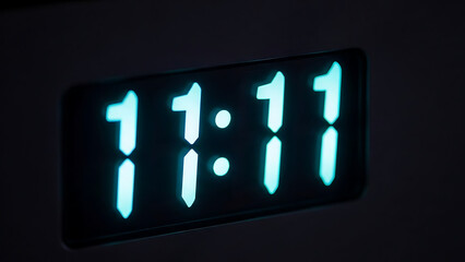 Digital clock display showing illuminated cyan numbers eleven eleven in dark setting highlighting precision time keeping and modern electronic interface technology