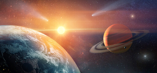  View of the Earth, solar system. planets, star, galaxy and comet.  View from space.  Elements of this image furnished by NASA. © Tryfonov