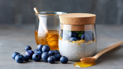 Cork-lidded container holding overnight oats, fresh blueberries, and a drizzle of honey. --ar 16:9 --profile srrrndh --v 7 Job ID: 4c704a10-6911-41c7-9d9e-651334ac57eb