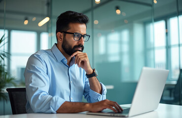 Obraz premium Man with beard wearing glasses works on laptop computer. He is thoughtful, with hand on chin. Pro sits at desk in modern office space. He is focused, planning next steps.