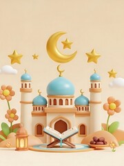 Fototapeta premium Islamic Mosque with Quran and Crescent Moon.