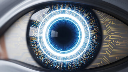 Macro view of bionic eye with circuit board patterns and glowing blue light representing artificial intelligence and advanced surveillance technology in future robotics for digital security concept