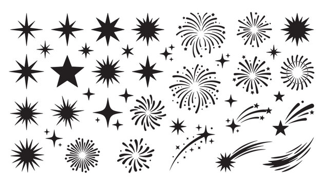 Firework and Starburst Icon Set. Minimal Celebration Symbols, Sparkle and Shooting Star Silhouettes, Hand drawn doodle confetti ornament