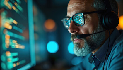 Focused man works on PC at night with headset. Programmer develops new software, uses computer. IT engineer fixes bugs. Software developer writes code lines reflected in glasses.