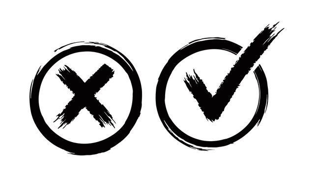 A black ink brush stroke drawing of a cross mark inside a circle and a check mark inside a circle.