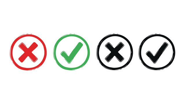 Four circular icons, two red crosses and two green checkmarks, on a white background.