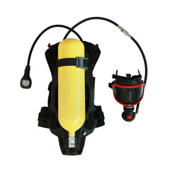 self-contained breathing apparatus with a yellow air tank, black harness, red-trimmed face mask, connected by hoses to a pressure gauge and a full-face respirator mask, isolated on a white background