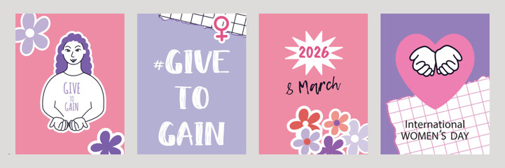  Give to Gain. Posters set  for International Women's Day 2026. Vector illustration in a doodle style.