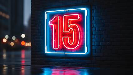 Vibrant red and blue neon sign displaying number 15 on dark brick wall street at night with blurry city lights reflection on wet ground