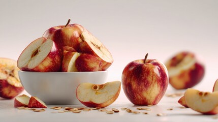 Fresh apples and apple slices in a white bowl on a light surface showing fruit and seeds arranged neatly