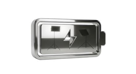 A metallic battery icon isolated on transparent background, representing energy, power, and electrical charge in a sleek design