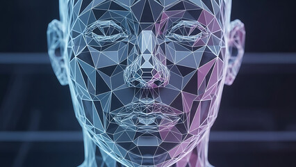 Abstract image of a human face rendered with a geometric polygon mesh network futuristic design representing artificial intelligence cyberspace and digital technology with intricate lines and vertices