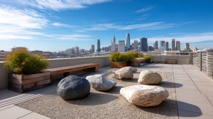 Rooftop gravel zen with skyline intrusion minimized. Rock Formations --ar 16:9 --profile srrrndh --v 7 Job ID: 46e81787-7422-4639-92df-16fcdb6f2f80