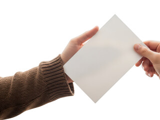 Hand offering a blank paper card isolated on transparent background