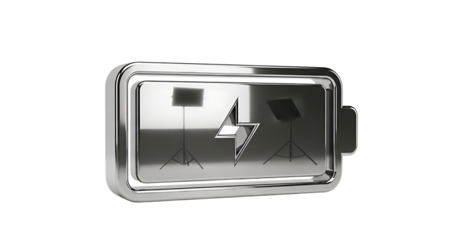 A metallic battery icon isolated on transparent background, representing energy, power, and electrical charge in a sleek design - Powered by Adobe