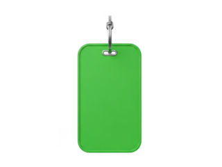 Green rectangle tag with metal clip isolated on transparent background
