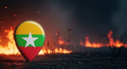 Myanmar flag pin on fire background symbolizing crisis
