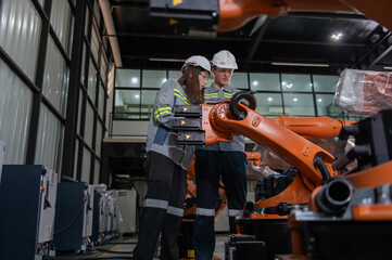 Engineer standing by robotic arm and operating machine in industry factory, technician worker check for repair maintenance electronic operation.