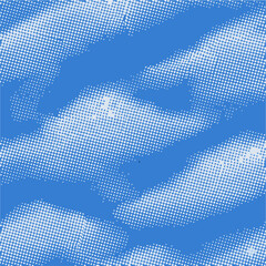 Halftone-style cloud pattern vector with retro comic shading on blue sky background, ideal for pop art, weather-themed designs, children&rsquo;s illustrations, and graphic storytelling projects.