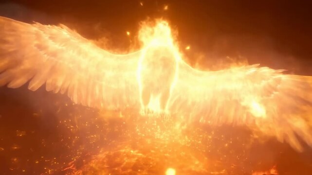 Majestic fiery phoenix rising triumphantly from glowing ashes into phoenix rebirth