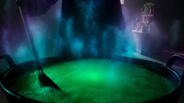 Mystical cauldron stirring with glowing green liquid and magical aura in a dark room