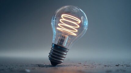 Light bulb lying on the ground with a glowing filament in a dark setting