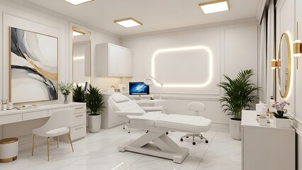 A modern dental clinic interior with a white dental chair and equipment, illuminated by soft lighting, viewed from the front.