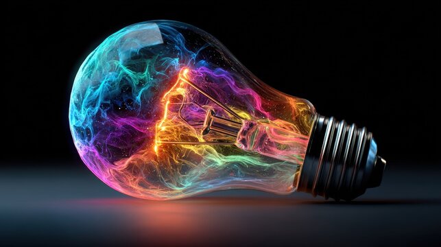 Colorful light bulb with bright energy design in a dark setting representing creativity and innovation - Powered by Adobe