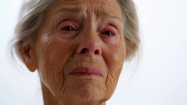 Elderly woman expressing deep emotions with subtle facial changes against a light background