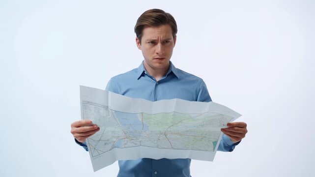 Man unfolds map with curiosity and focus in sequence against blue background