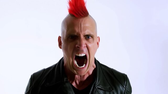 Energetic expression of punk style transformation with red mohawk and leather jacket