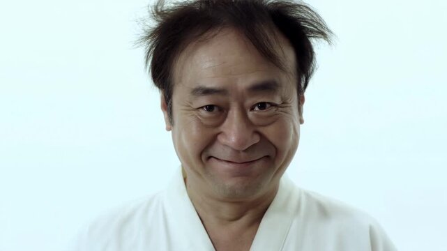 Man transforms from serious to happy: expressions changing in sequence