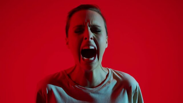 Woman in emotional transformation against red background: from composure to outcry