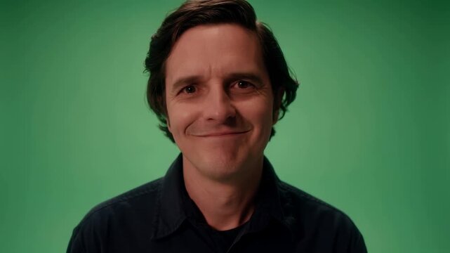 Man expressing emotions in front of green screen: calm to happy closeup transition
