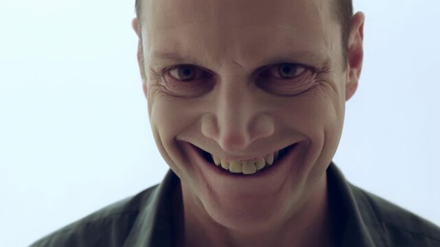 Intense transformation: man's expression evolves from anger to a sinister smile