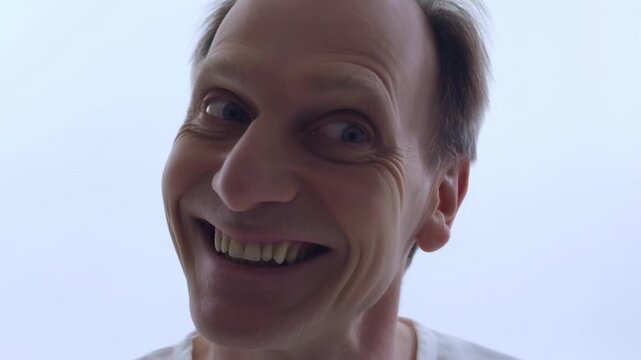 Man expressing joyful emotion with changing facial expressions from calm to happy