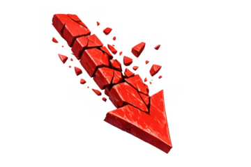 Red arrow breaking and falling down, symbolizing financial crash, economic recession, market crisis, and business failure on transparent background