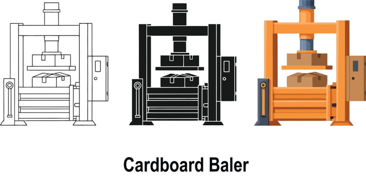 Set of cardboard baler icons industrial press machine for waste management and recycling flat vector illustrations