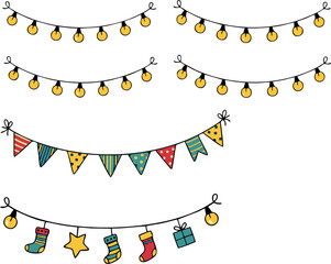 Set of 5 festive garland vector illustrations featuring light bulb strings, patterned pennants, and holiday-themed icons like stars, stockings, and gifts, perfect for seasonal decor projects.